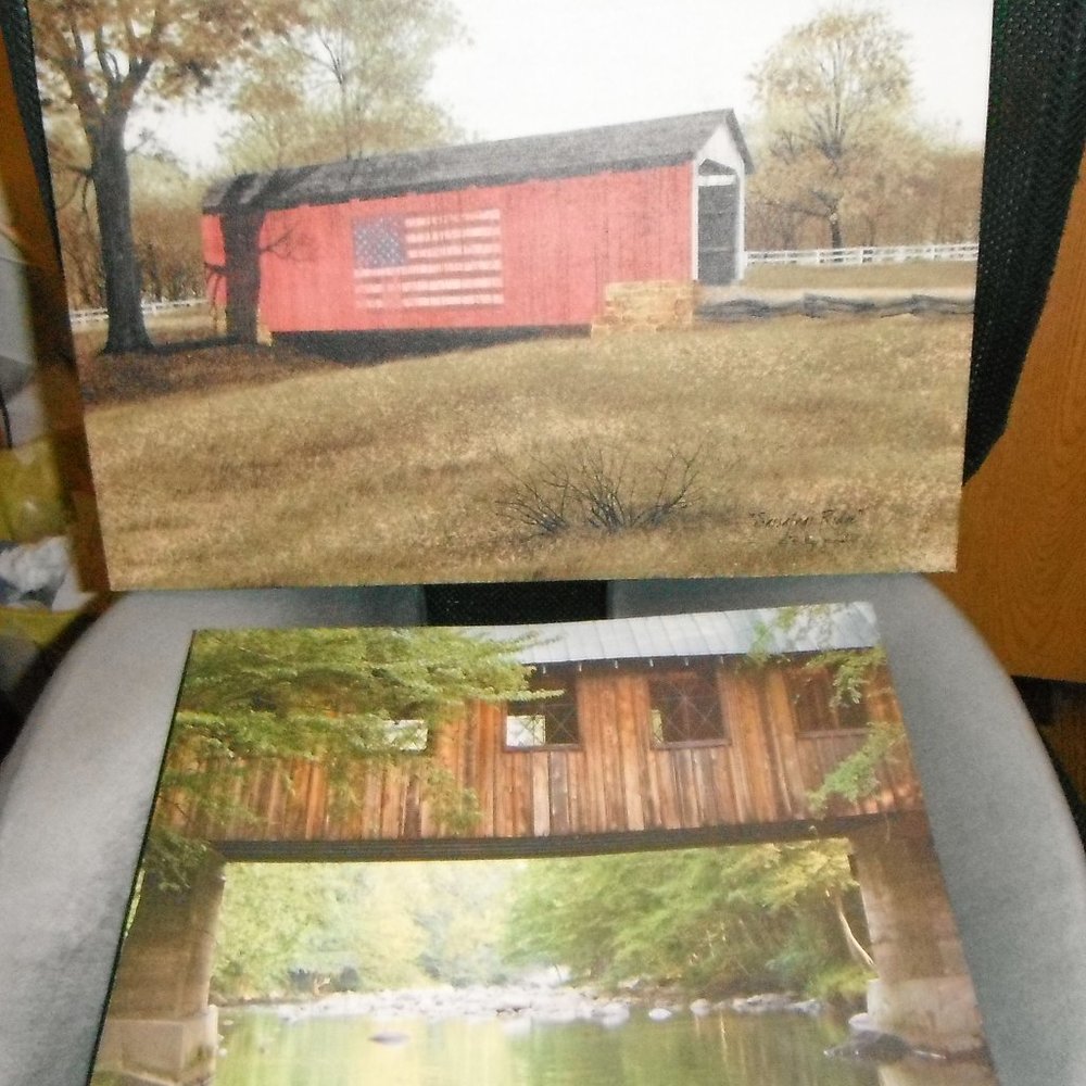 2 canvas on wood frame pictures of covered bridges